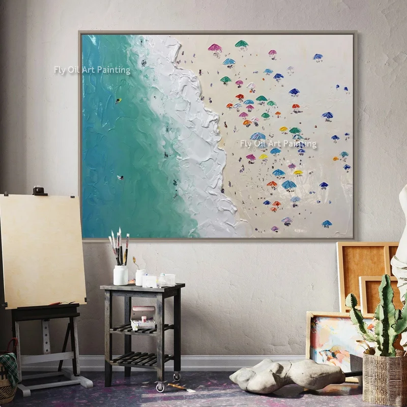 اليدوية الحديثة الأخضر الأبيض المناظر البحرية الفني الصيف نشاف البحر قماش الفن الناس يلعبون على الشاطئ لوحة زيتية سميكة للديكور