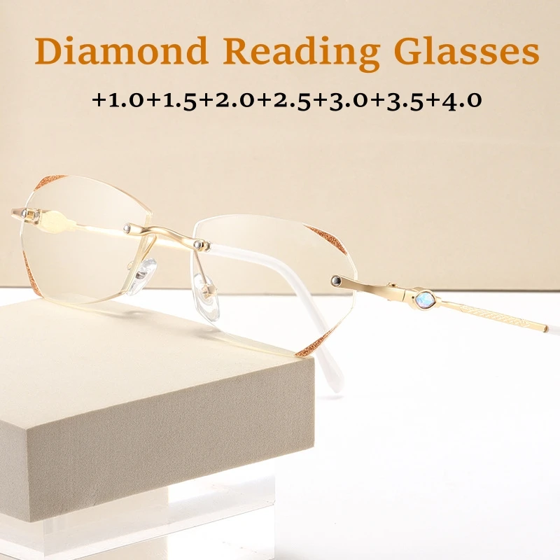 Unisex Rimless Transparent Reading Glasss Luxury Blue Light Blocking Glasses for Female Men Women New Trend Diamond Cut Eyewear