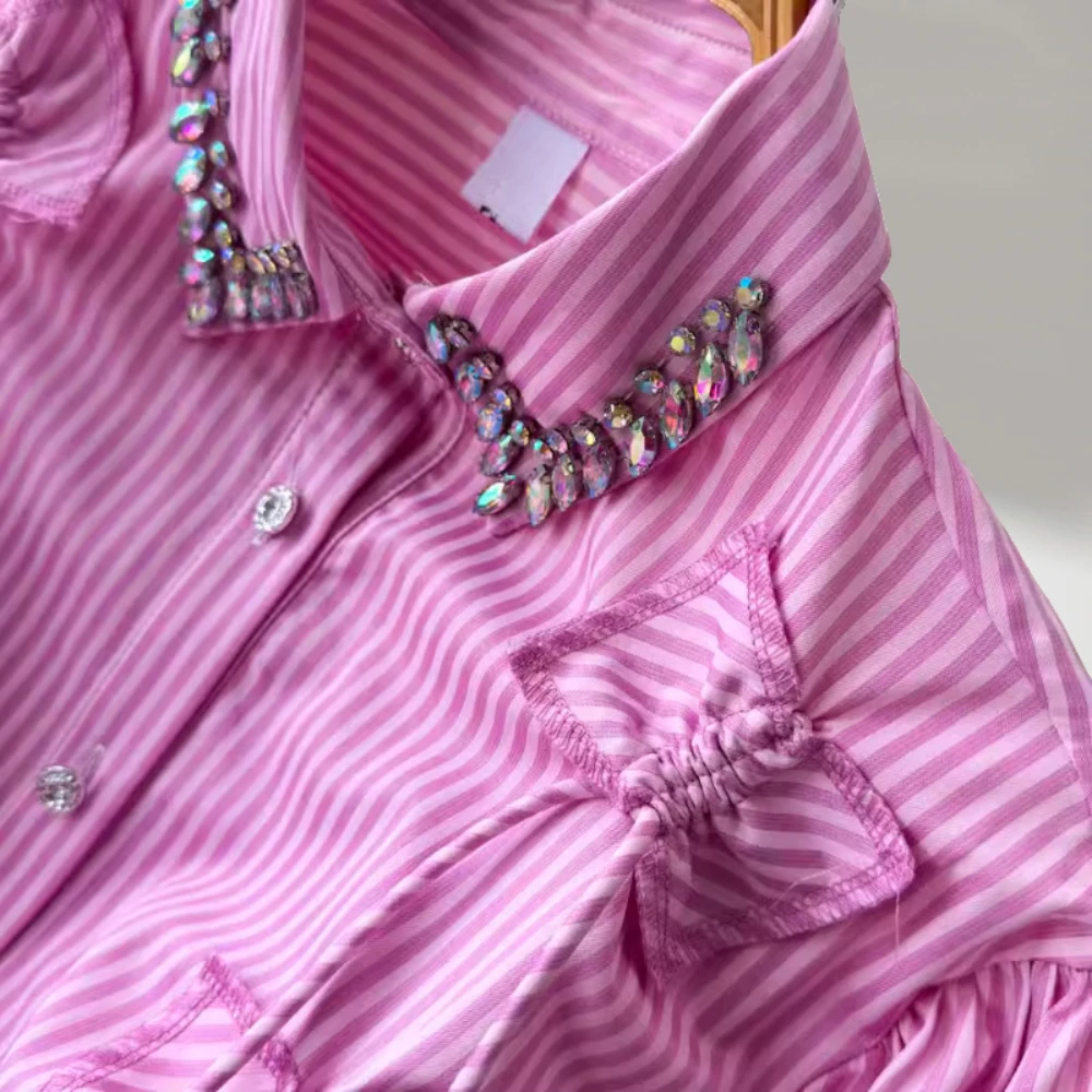 GALCAUR Colorblock Slimming Spliced Stripe Blouse for Women Lapel Long Sleeves Patchwork Diamonds Top Female Clothing New Style