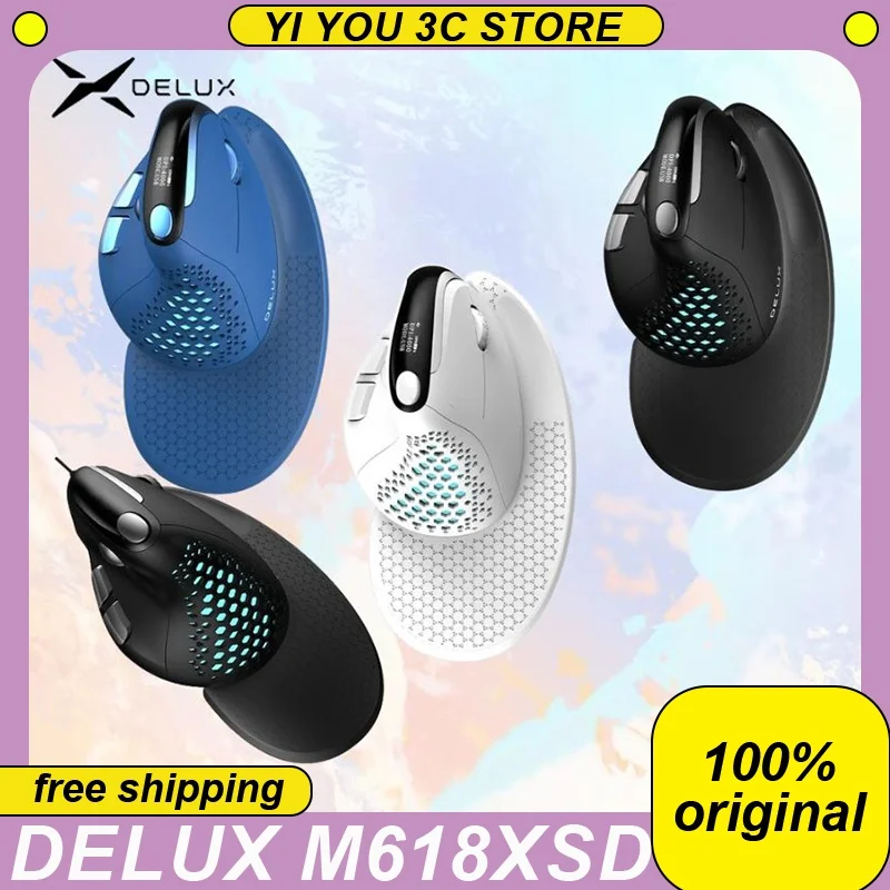 

New Delux M618XSD Wireless Mouse Tri-mode Thumb Wheel Bluetooth Vertical Mouses Ergonomic 4000DPI OLED Office Customized Mice PC