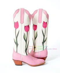 Pink Flower Print CowBoy Boots Women Pointed Toe Chunky Heel Wooden Heel Shoes Ladies High Heel Knee High Boots Fashion Boots