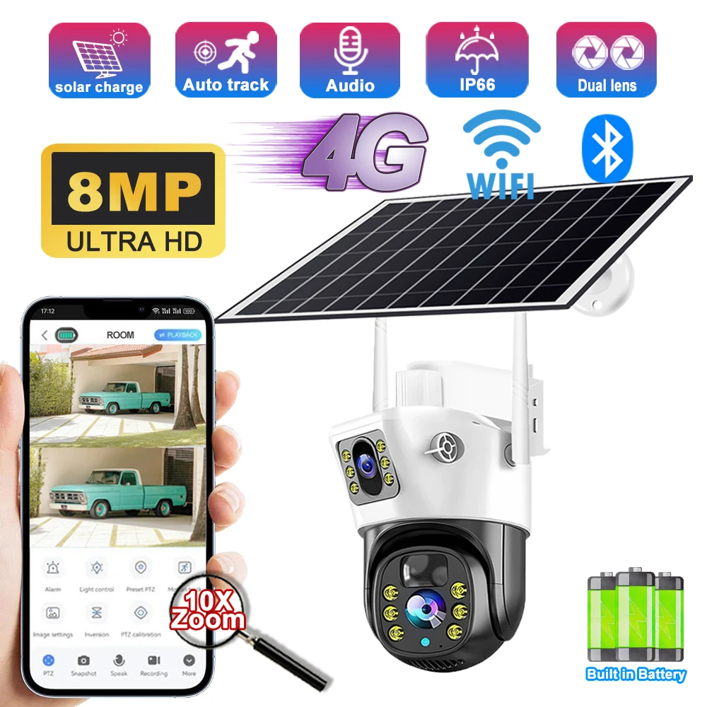 

4G SIM Solar Camera Wifi Outdoor 8MP HD Dual Lens Triple Screen Night Vision IP CCTV IP66 Waterproof PIR Human Detection Camears