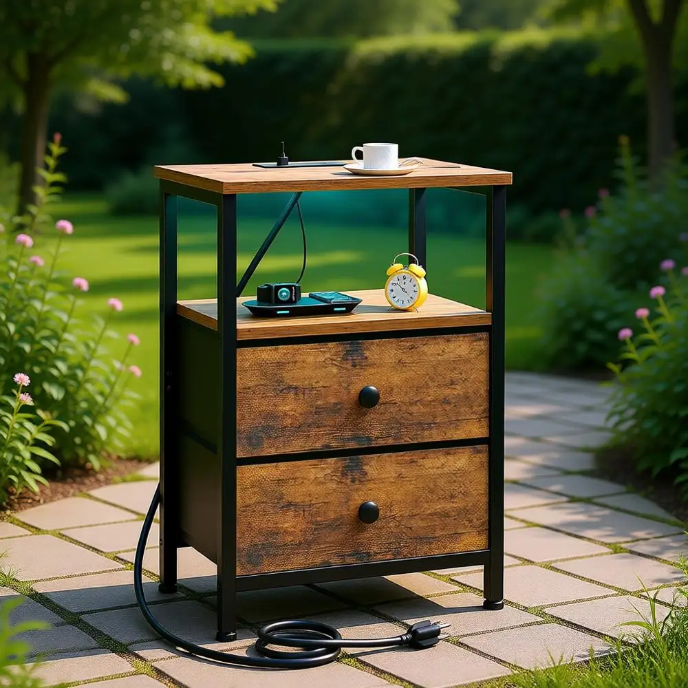 

Тумбочка прикроватная из коричневой ткани с 2 ящиками, USB-зарядкой и розетками для спальни