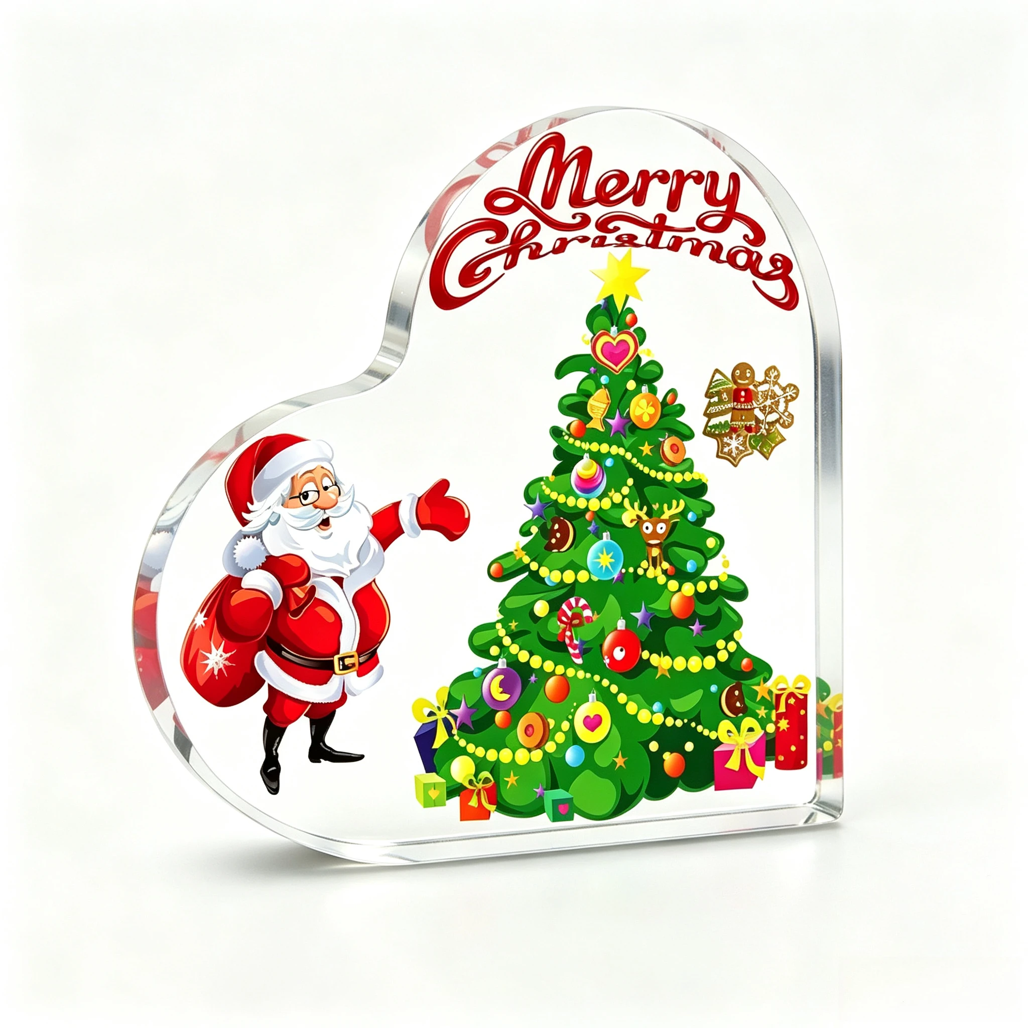Merry Christmas Heart‑Shaped Acrylic Plaque, Santa Claus Decorated Christmas Tree Table Decor
