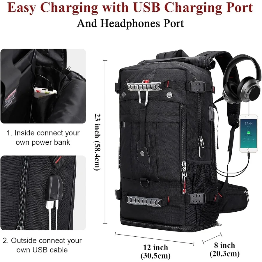 حقيبة ظهر للسفر من WITZMAN للرجال والنساء حقيبة أمتعة واق من المطر قابلة للتحويل تناسب حقائب الكمبيوتر المحمول مقاس 17 بوصة للطائرة B681 Bla