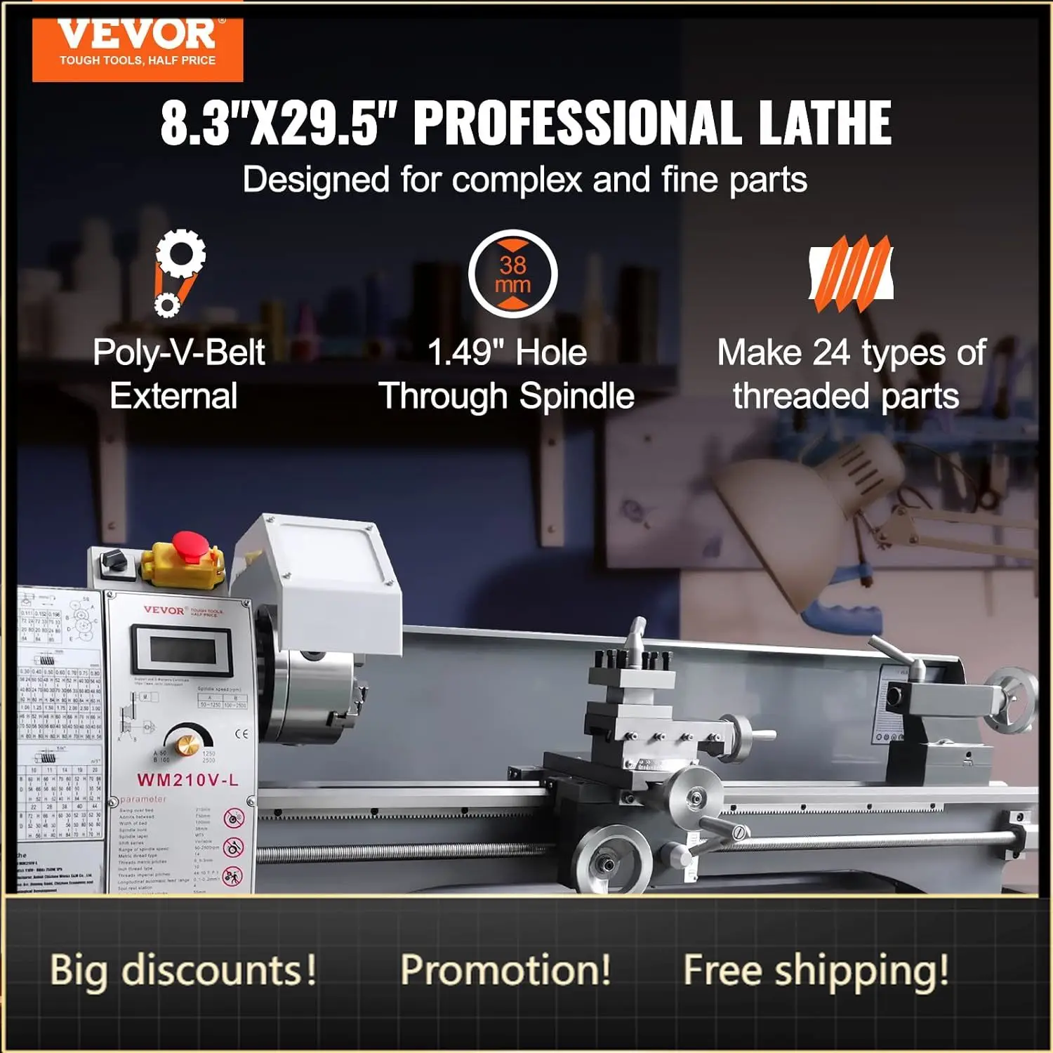 

VEVOR Metal Lathe, 8.3'' x 29.5'' Benchtop Metal Lathe 0-2500 RPM Continuously Variable Speed 750W Brushless Motor Metal Gears w