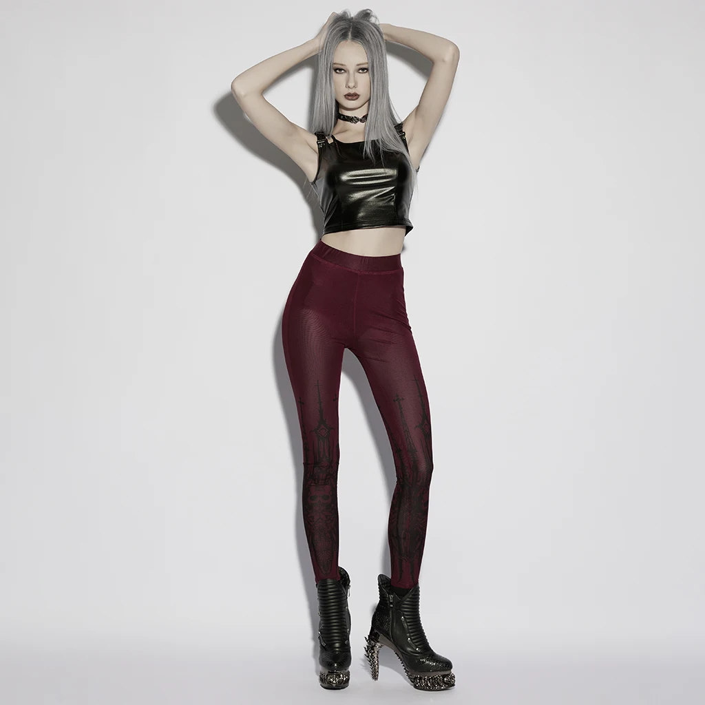PUNK RAVE Women's Gothic Church Skull Printed Skin Friendly Mesh Leggings Elastic Waistband Slim Sexy Trousers view 4