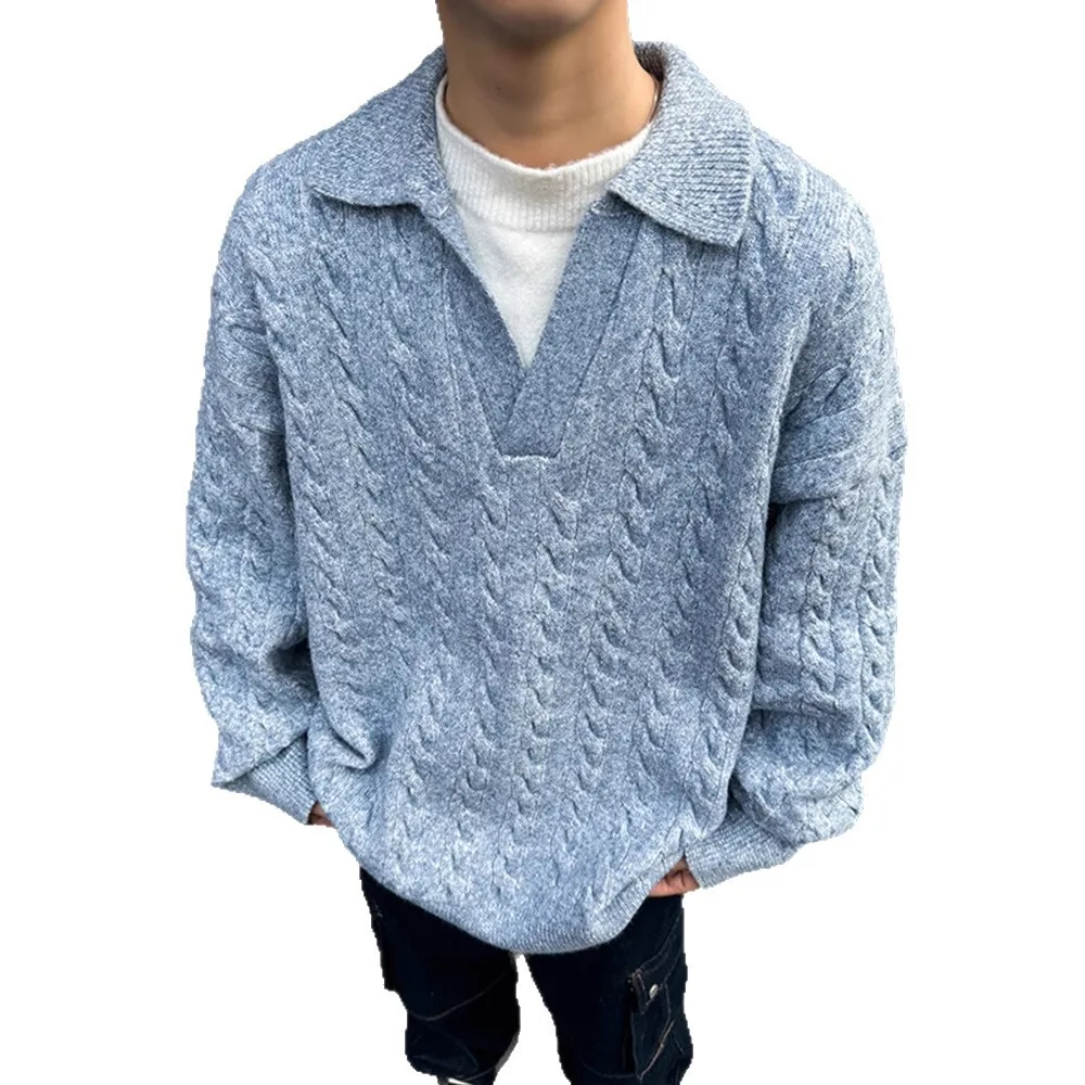 Man Knitting Sweater 2025 Winter Men's Grey Fake Two Piece Sweater Non Pilling V Neck Lazy Layering Knitwear
