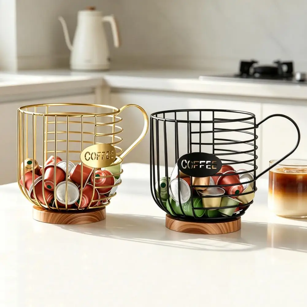

Metal Wire Cup Storage Basket with Wooden Base Coffee Mug Shape Hollow Out Organizer for Home Cafe Bar Countertop Storage Contai