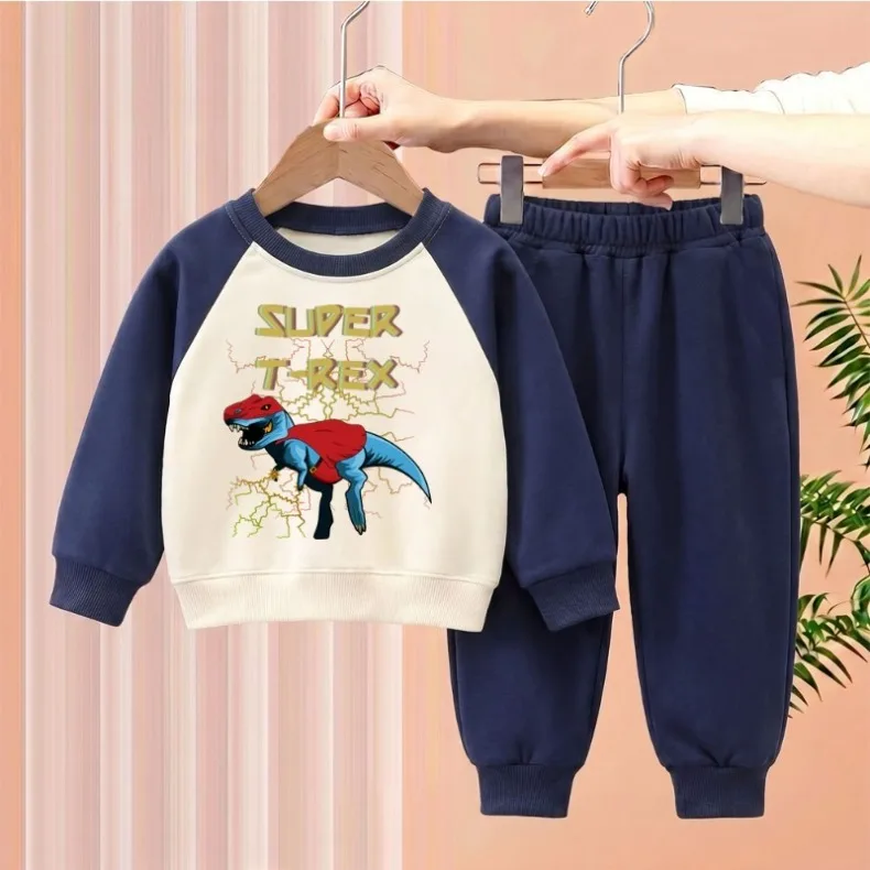 2026 Herbst Neuer Stil Kinder Freizeit-Sweatshirt+Jogginghose 2-teiliges Set Dinosaurier-Druck Jungen Mode Trainingsanzüge Sweatanzüge Hoodies – Detail 2