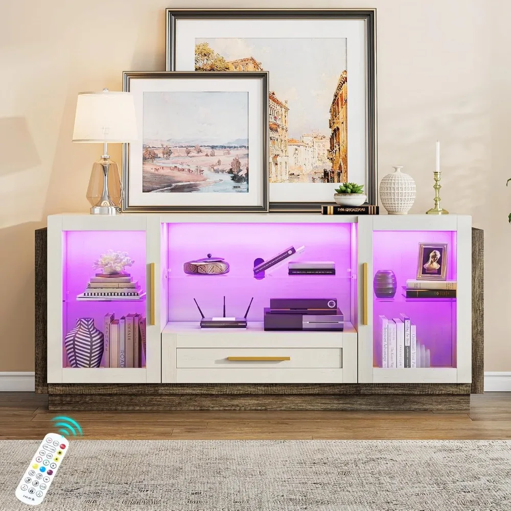 Kredens Szafka bufetowa z oświetleniem LED, 60-calowa szafka kawowa/wino ze szklanymi drzwiami, otwartymi półkami i szufladami, kredensami