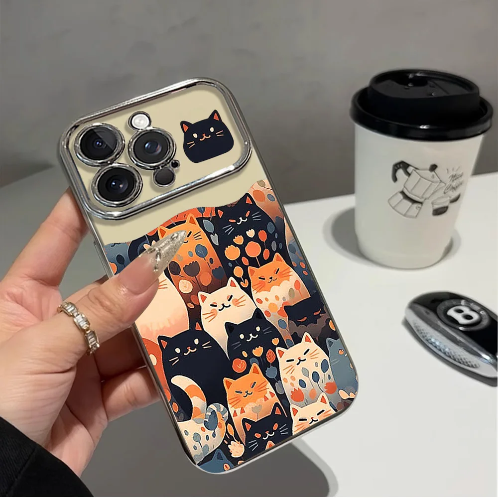 Cartoon Cute Cat Group Cartoon Style Electric Ferry Large Window Phone Case For IPhone 12 11 13 14 15 16 Max Pro Plus Shell