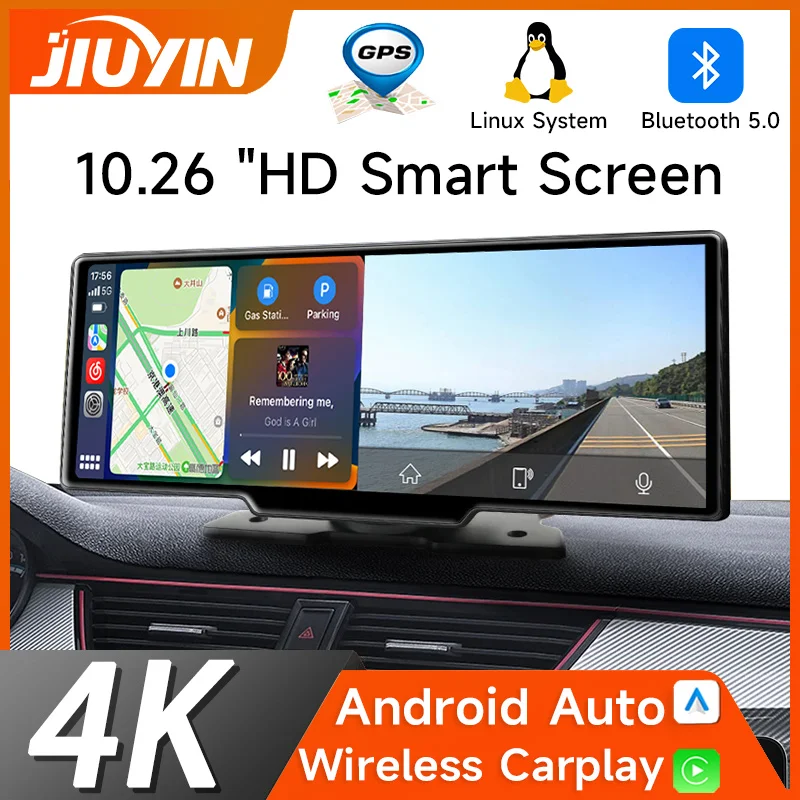 JIUYIN 4K 10,26 дюймовый универсальный USB Carplay Android Автомобильная приборная панель Airplay Miracast с двумя объективами, видеорегистратор со