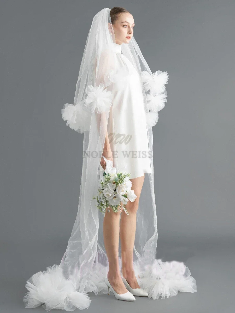 3D Flowers Wedding Veil With Comb Cover Face Two Layer Long Bridal Veils Customized