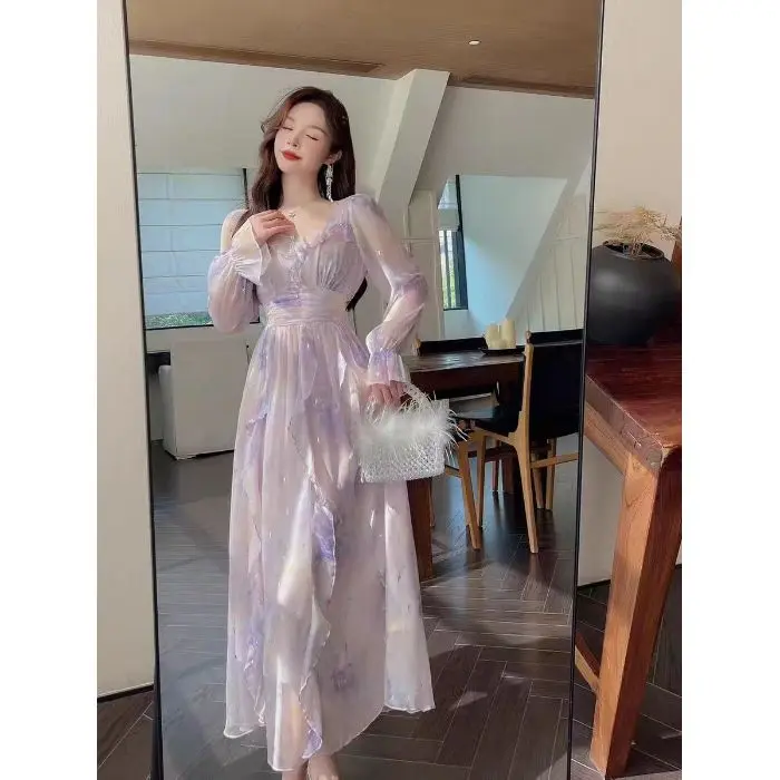 Femmes élégantes imprimé fleuri robe Maxi automne nouveau français Vintage fête d'anniversaire robes femme col en v a-ligne Mujers automne vêtements