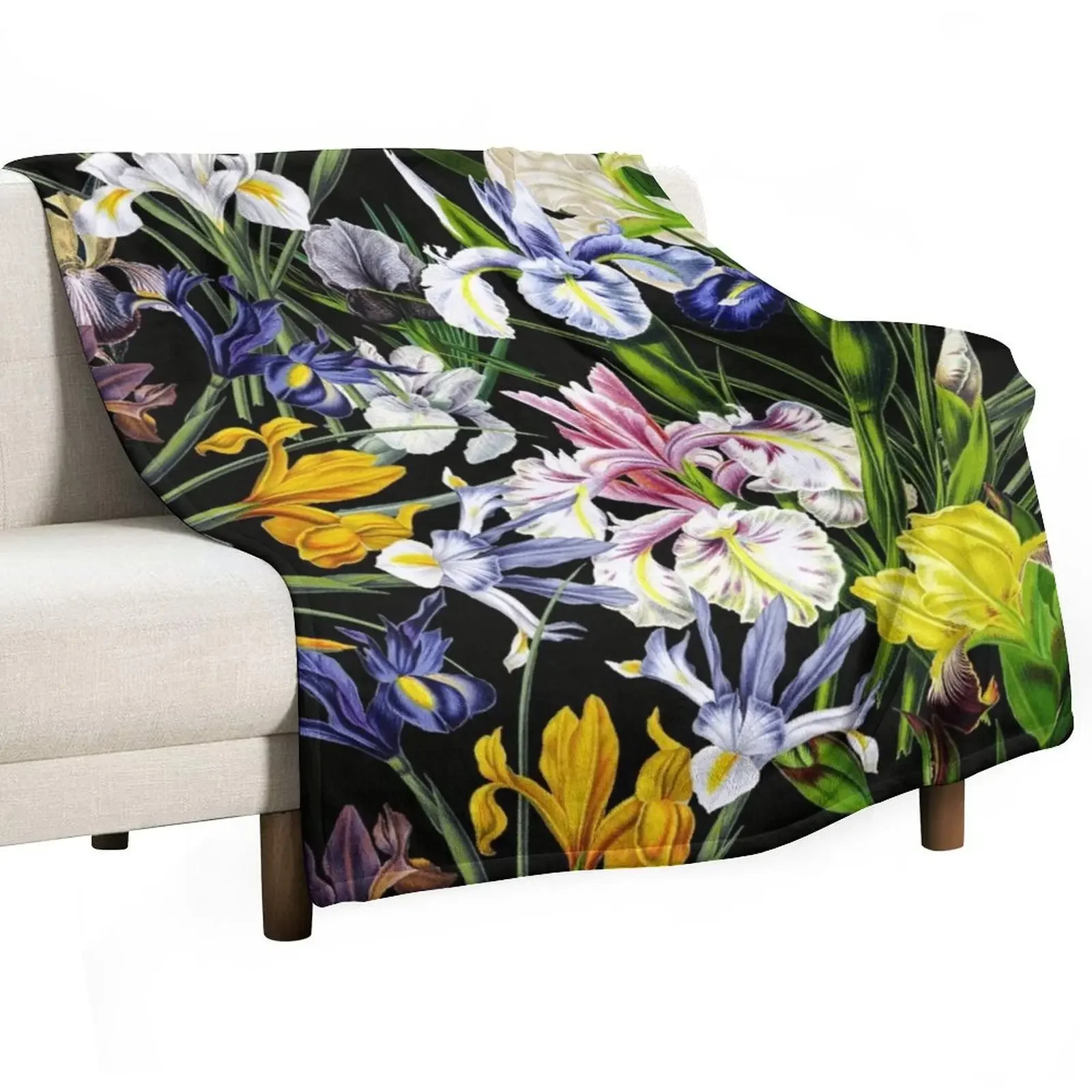 

Victorian Iris Flower Pattern Botanical Night Garden on Black Throw Blanket Heavy Sofa warm for winter Luxury Thicken Blankets