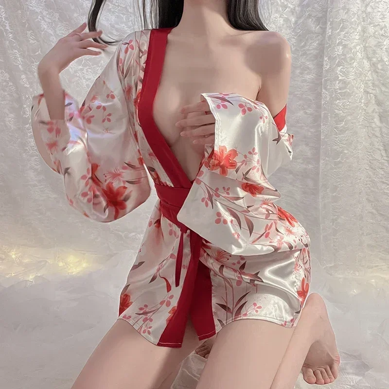 Sexy Kimono Erotic Lingerie for Women Printing Ultra Short Cardigan Kimono Dual Purpose Belt Thongs Suit Japanese Korean Uniform