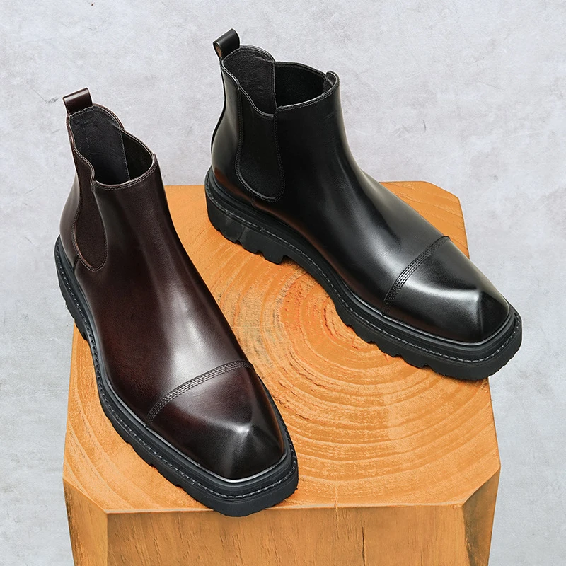 

Men’s Genuine Cow Leather Boots Banquet Business Suits Cowhide Black Luxury Shoes Man Winter