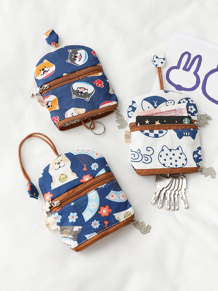 Blue Japanese Sle Key Holder Bag Women's Cotton Zipper Wallet Card Positioning Cute Pull-Out Key Bag for Youth