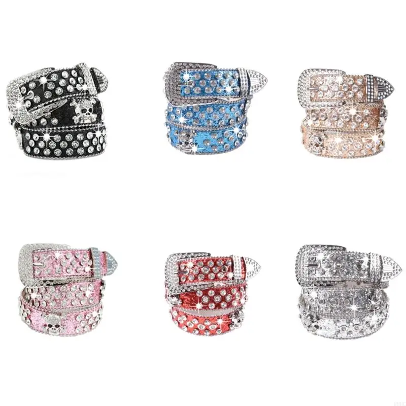 

39BC Punk Charm Rhinestones Embellished Waist Belt Adjustable Length Sash Unisex Design PU Leather Girdle
