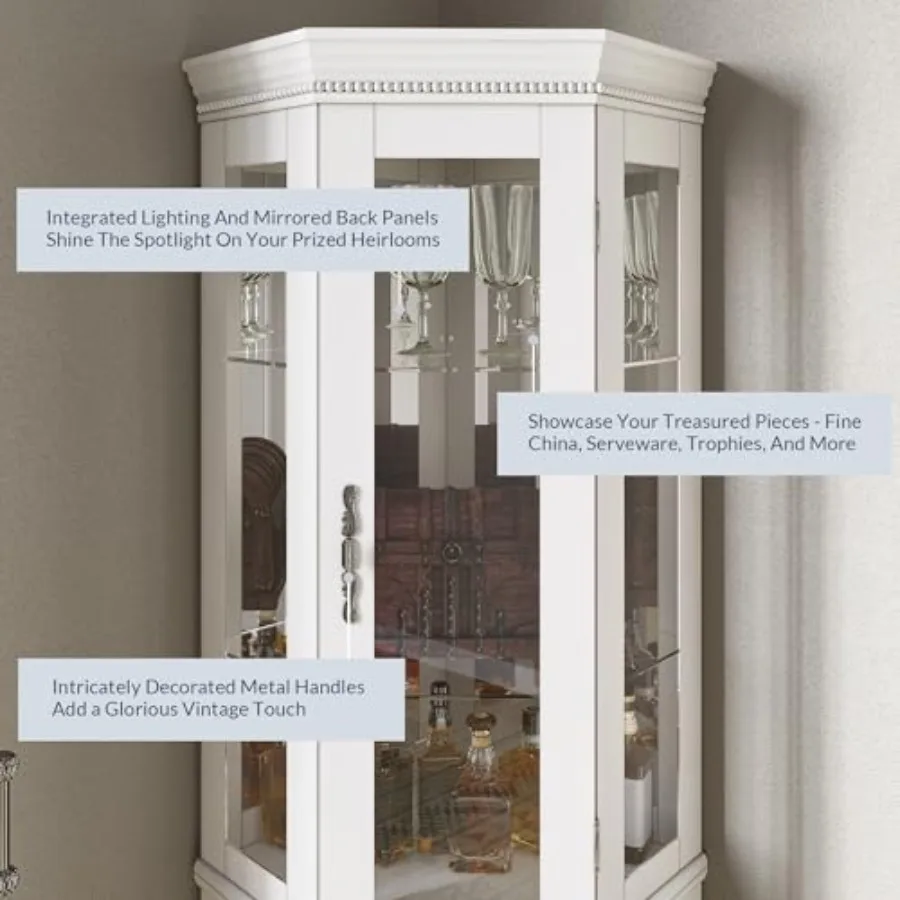 Lighted 3-side glass display curio cabinet for living room bedroom, tempered glass doors/shelves, walnut finish wood, LED accen view 4