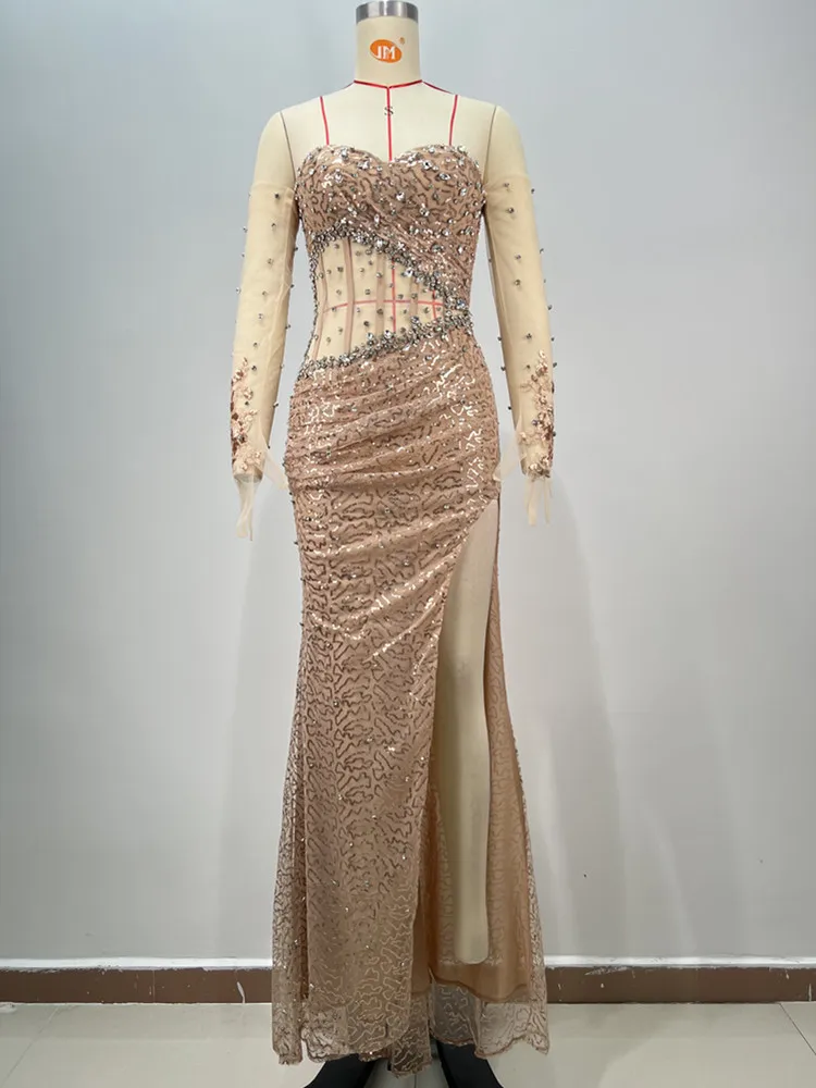 Sexy Strapless Backless Mesh Sequins Crystal Diamonds Maxi Long Women Celebrity Dress 2025 Elegant Party Evening Club Vestido