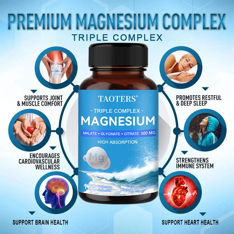 Magnesium Malate + Glycine + Magnesium Citrate 300 Mg - Supports Heart Health and Muscle Function; Improves Energy, Mood