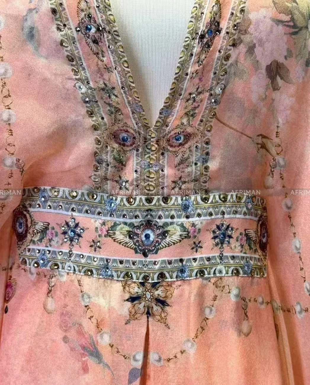 Robe longue ample 100% soie pour femmes, col en V, perles de cristal, manches chauve-souris, imprimé floral rose