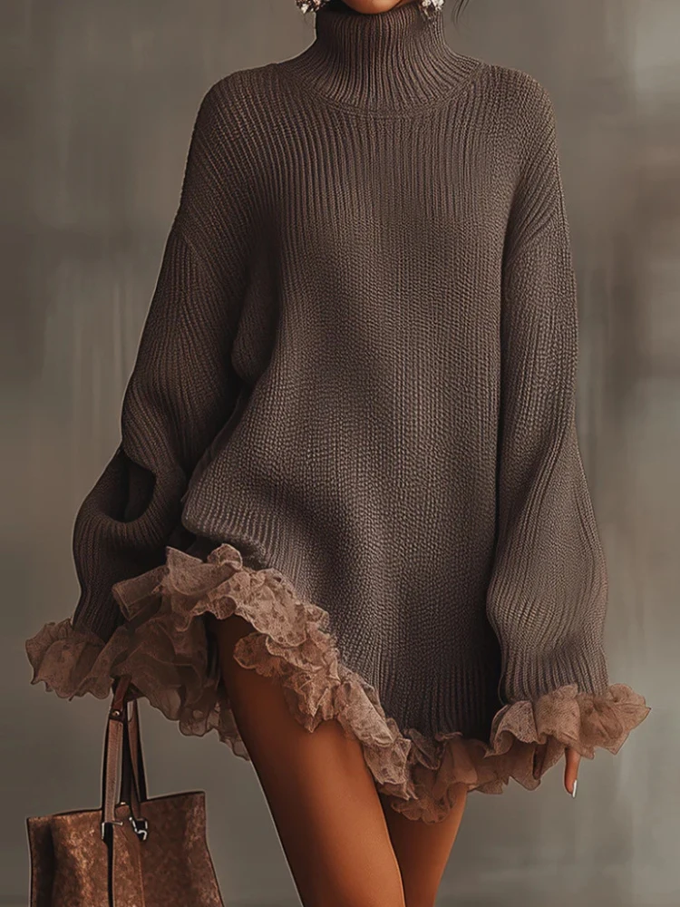 

Кружевные лоскутные длинные свитера с длинными рукавами, женские осенние водолазки, вязаные элегантные пуловеры, новый повседневный однотонный женский мини-платье, свитер