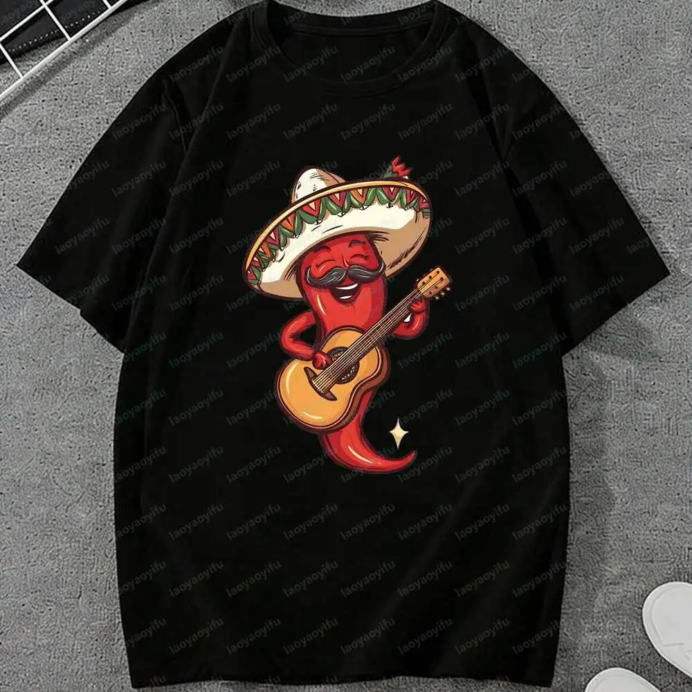 Cinco De Mayo Chili Pepper Playing Guitar T-Shirt Funny Mexican Sombrero Pepper Graphic Cotton Fiesta Party Shirt for Men Women