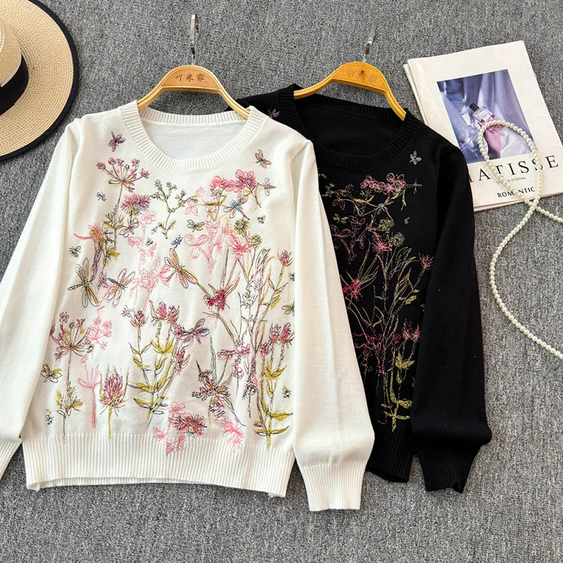 Embroidery Flower 2024 Autumn Winter Luxury Brand Design White Knit Long sleeves Sweater For Women Knitwear Pullover Clothes