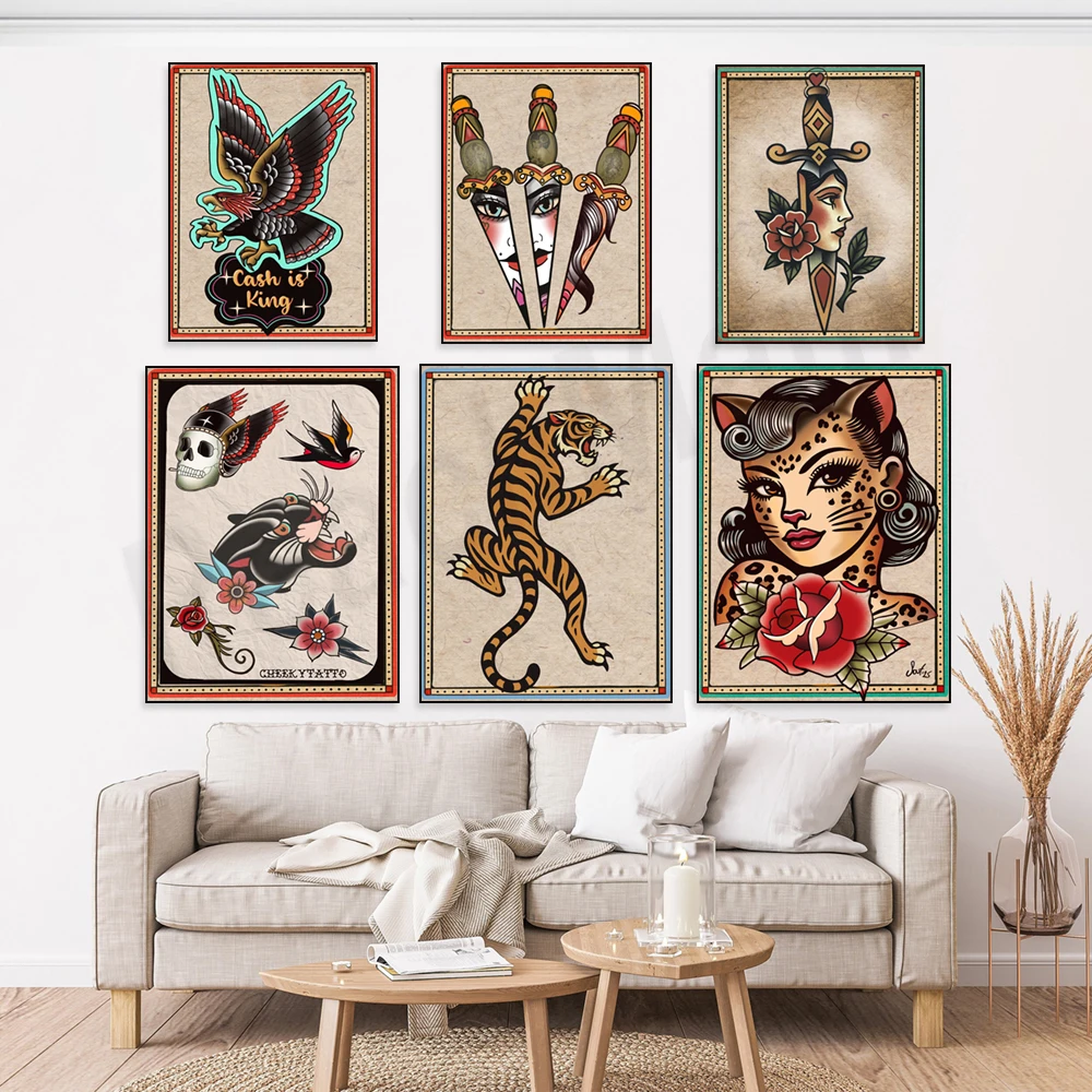 Tattoo art: black panther, skull, chain heart, roaring tiger, contortionist, leopard cat, traditional knife face tattoo posters.