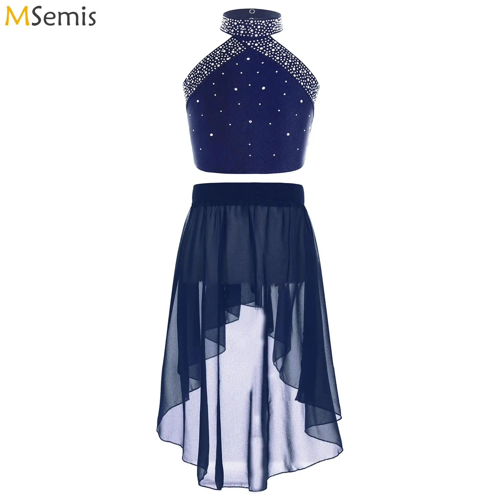 Dziecięce dziewczęce Rhinestone balet liryczna sukienka gimnastyka kostium do łyżwiarstwa figurowego kamizelka + nieregularny brzeg baleriny spódnica Tutu Dancewear