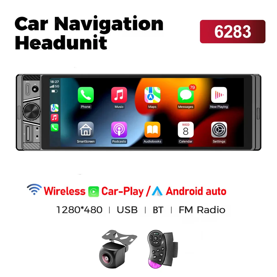 6.86 ''1Din Autoradio Multimediaspeler MP5 MP3 FM-radio Draadloos/bekabeld Carplay Android Auto Stereo 1 din USB Type-c opladen