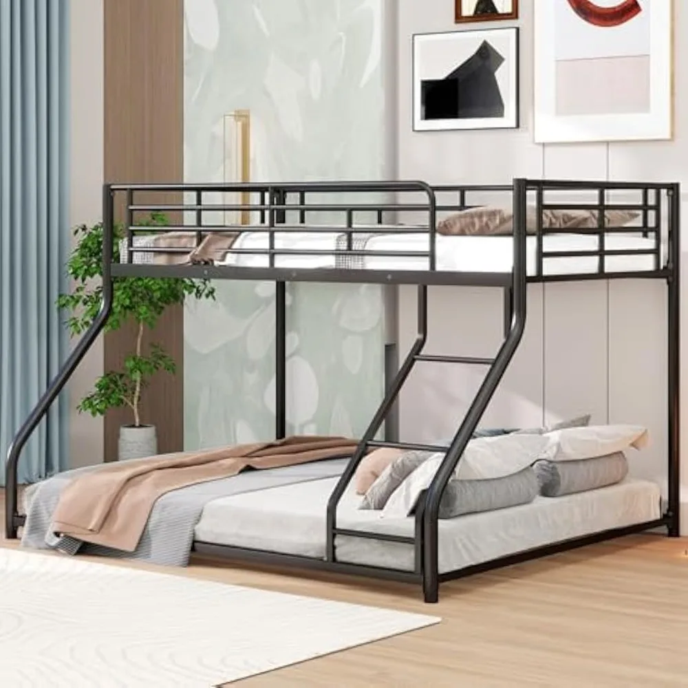 

Metal Bunk Bed - Twin XL Over Queen with Guardrail & Ladder, Space-Saving for Kids/Teens