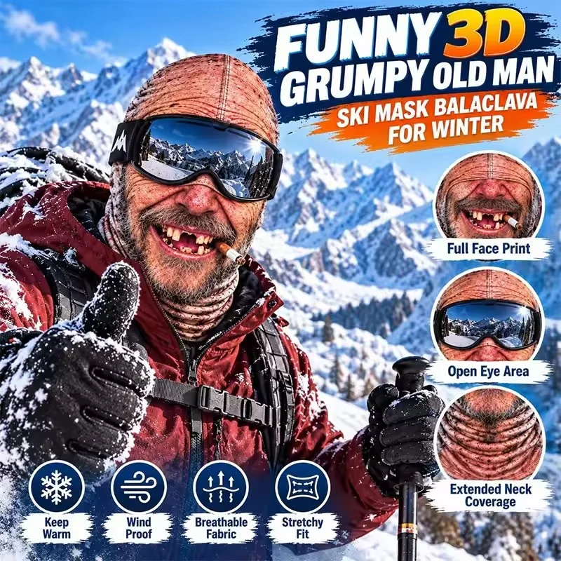 New 3D Face Printed Old Man Balaclava White Mustache Full Coverage Face Mask Breathable Eye Hole Stretch Funny Ski Mask For Men