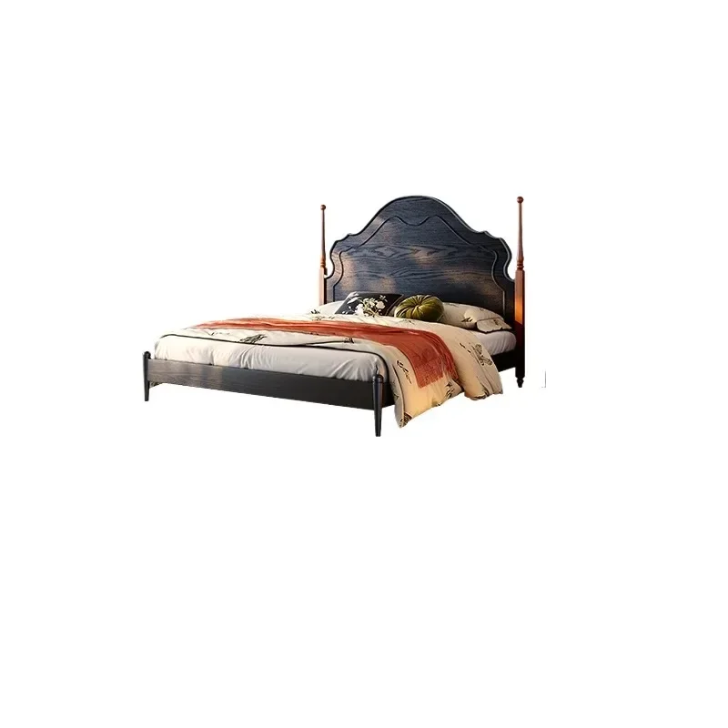 

French retro black solid wood double bed antique master bedroom 1.8M American ash wood wedding bed