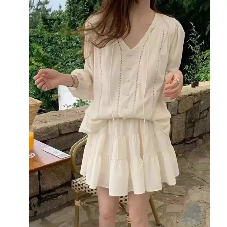 

Korean Style Freshness Shirt High Waist Skirt Set Women's Fashion Spring Collection Long Sleeve Regular Length Spring Se...