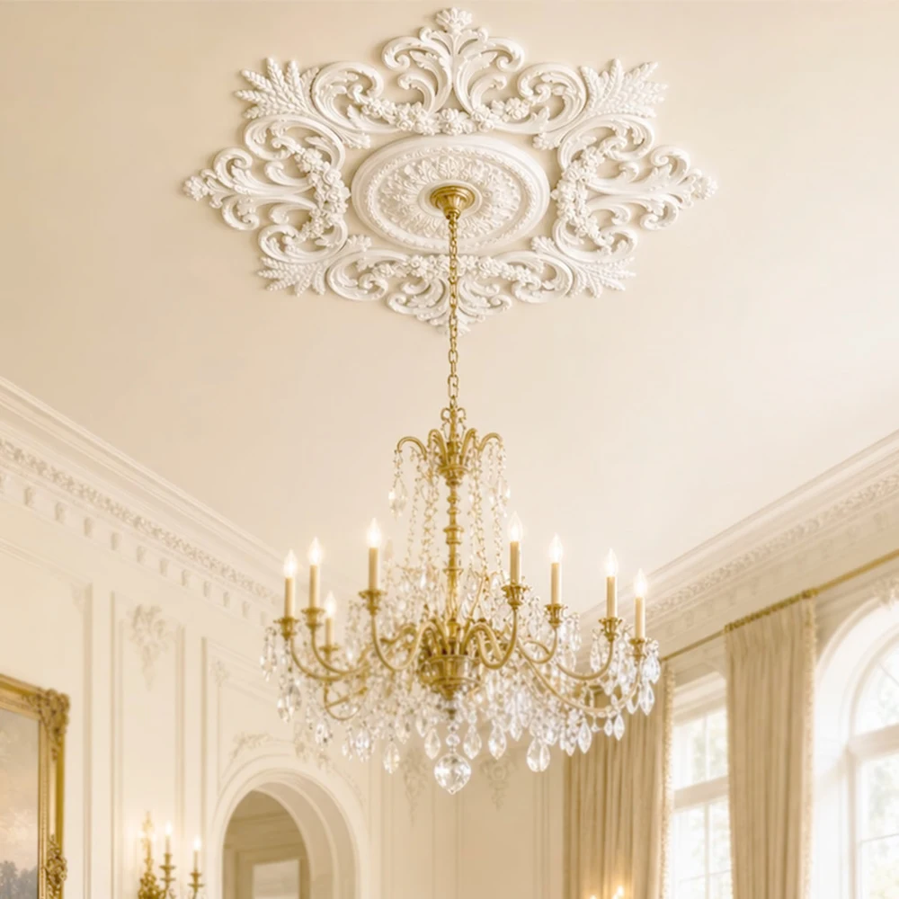 Lightweight PU Ceiling Medallion Combination,Decorative French Style Ceiling Rose Chandelier Base, Medallion for Light Fixtures