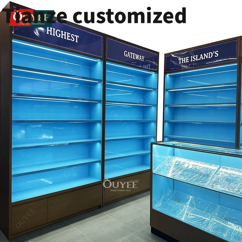 Customized-Commercial Furniture Transparent Glass Led Display Merchandiser Display Rack Smoke Shop Display Cases