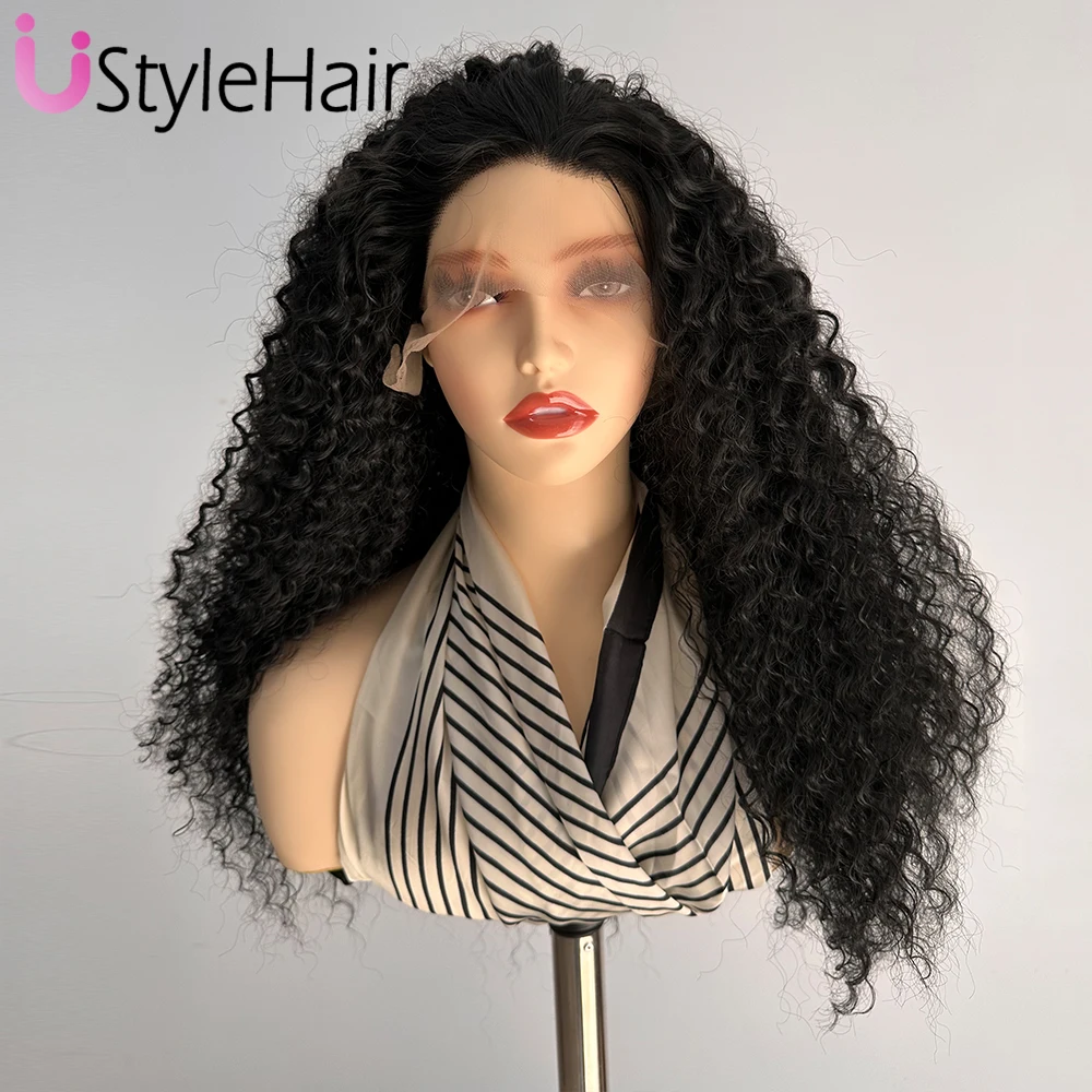 UStyleHair Black Long Deep Curly Wig for Black Women Heat Resistant  Synthetic Hair Wig T Part Daily Used Lace Front Wig