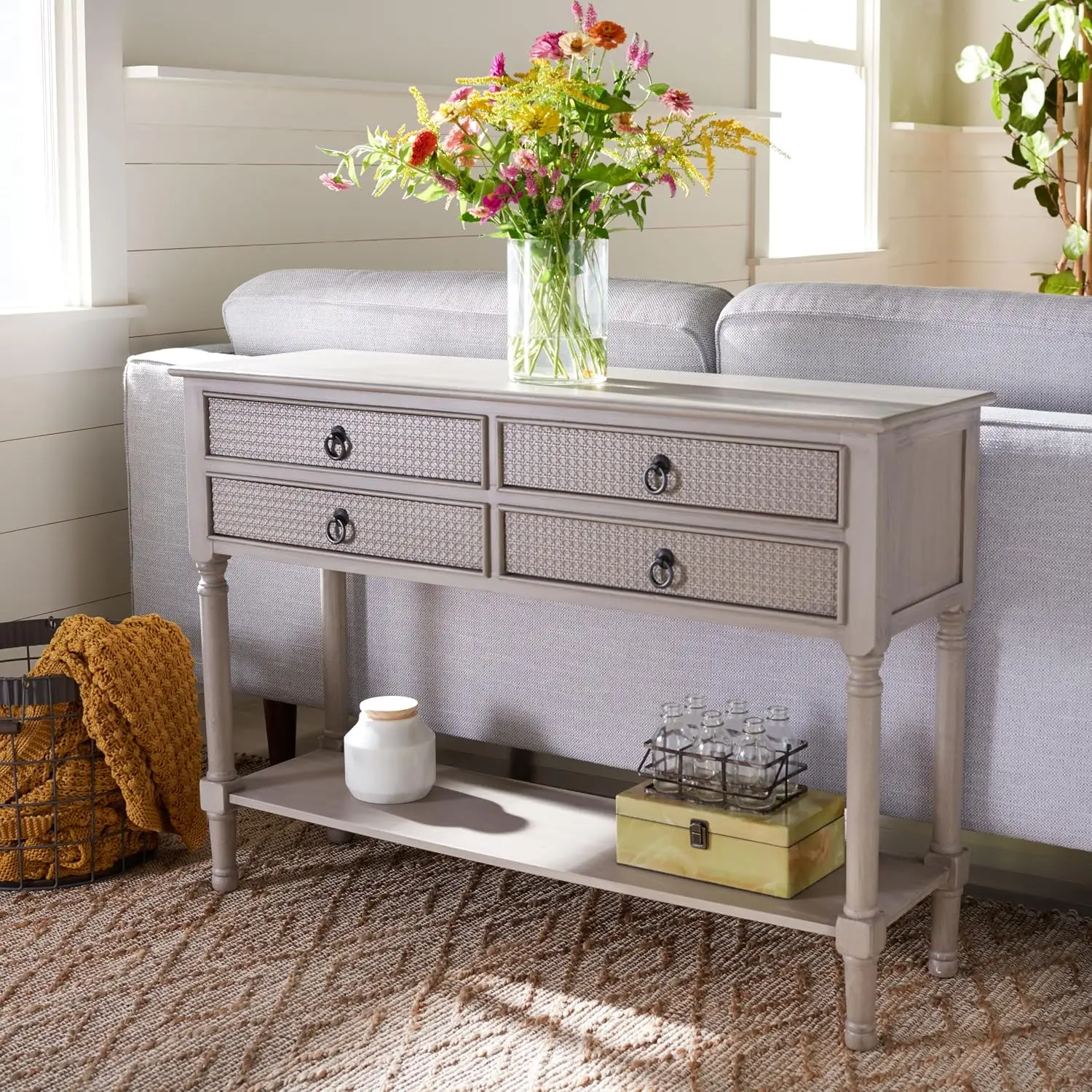 4-Drawer Console Table with Bottom Shelf, Greige, Customized