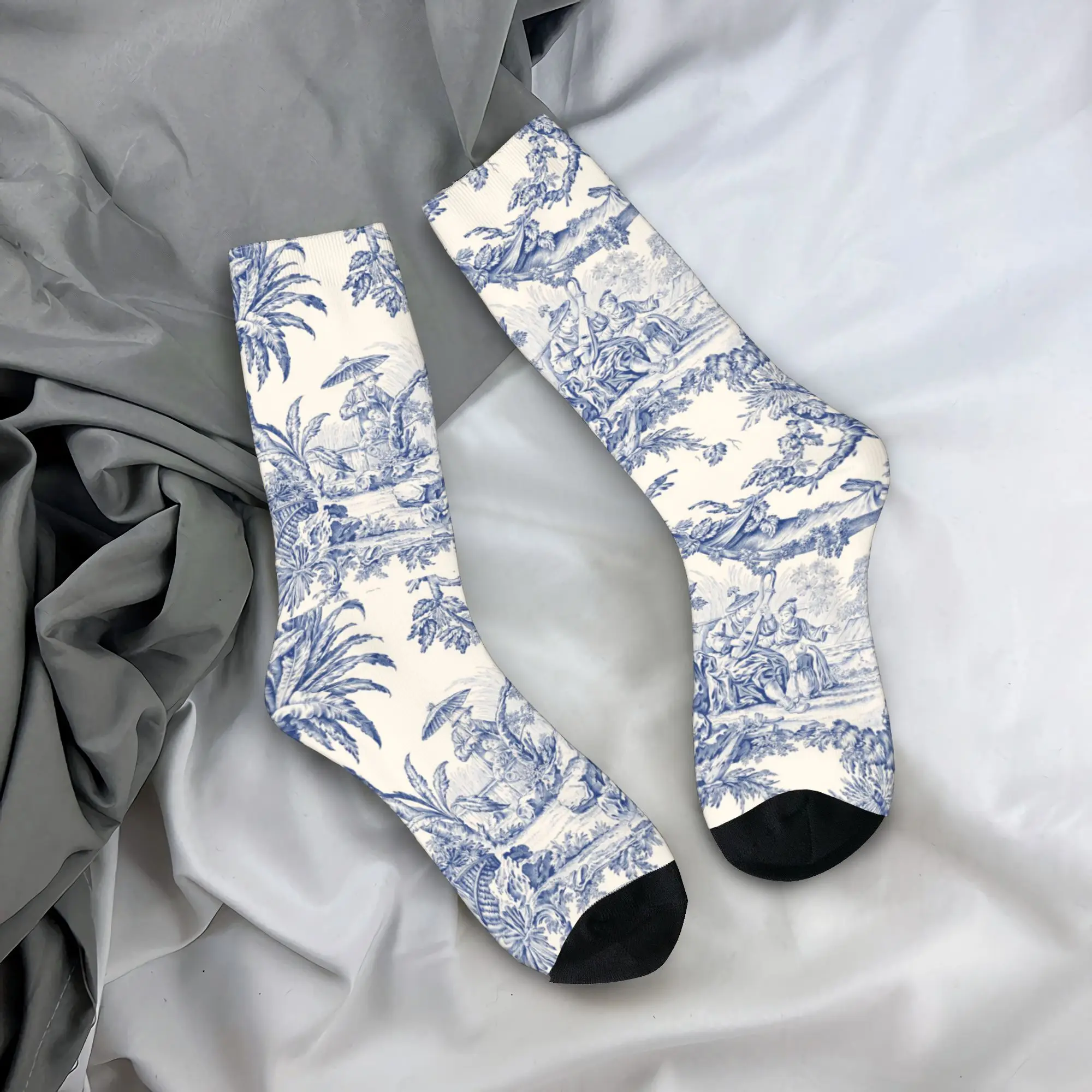 

Custom Vintage Classic French Toile De Jouy Navy Blue Motif Pattern Mens Crew Socks Unisex Fashion 3D Print Dress Socks