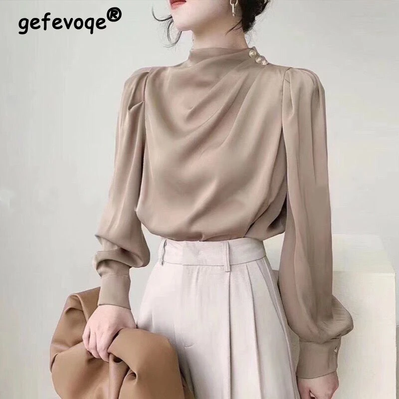 Satin Retro Elegant Chic Luxury Design Office Lady Business Casual Shirt Fashion Ruffle Solid Long Sleeve Tops Blouses For Women