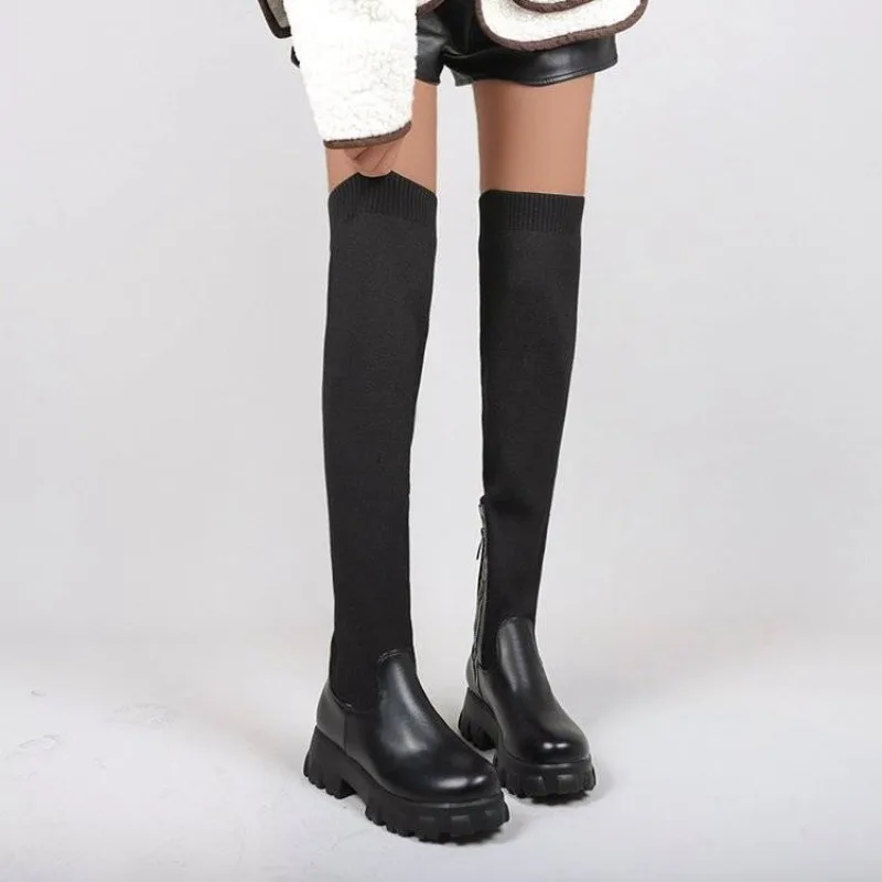 

​Wide Fit Plus Size Women's Slimming Patchwork Rider Boots Autumn Over The Knee High Boots Size 36-44 Stretchy Chunky Sole 43​