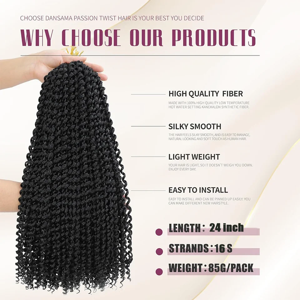 Cabello para crochet Passion Twist de 14/22 pulgadas, paquete de 1/3/7, onda de agua para mujeres negras, extensiones sintéticas largas 2