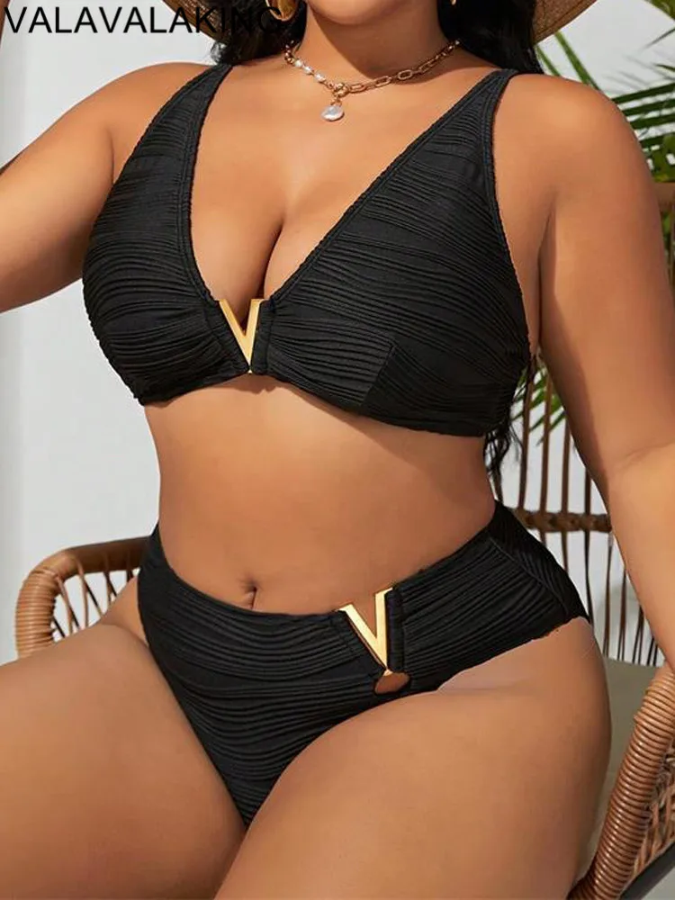 2025 Black 2 Piece Plus Size Bikini Set Women Strapped Large Big Swimsuit High Waist Chubby Brazilian Lady Curvy Bathing Suit