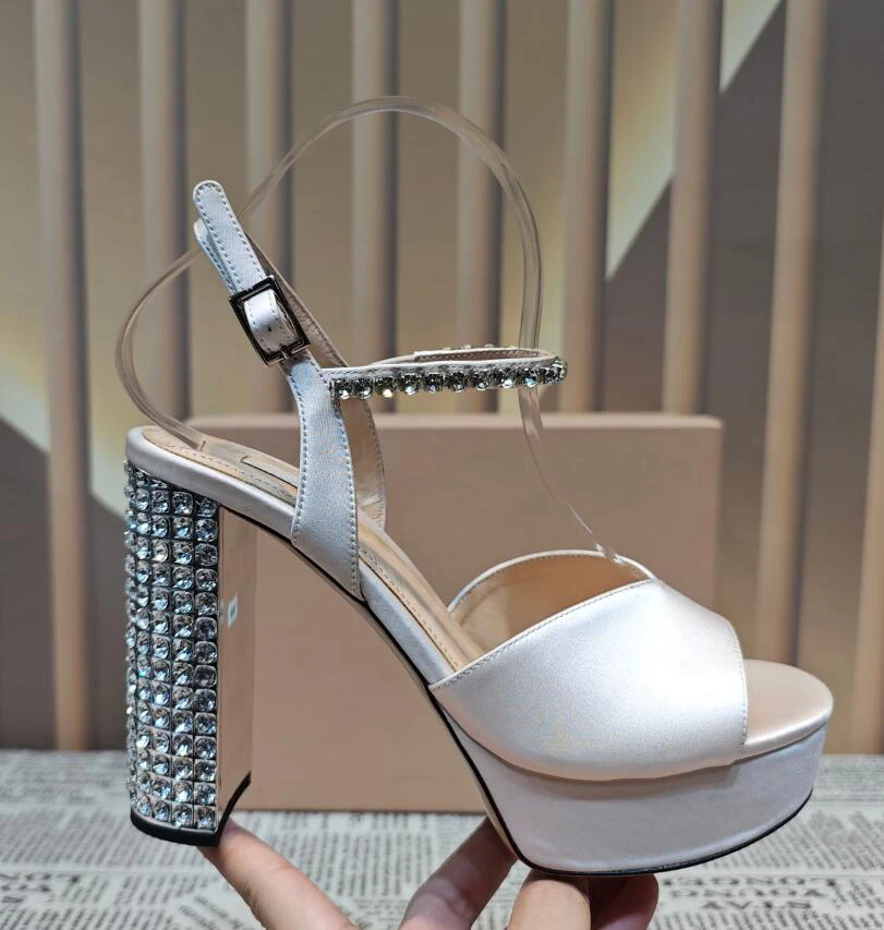 Bling Bling Crystal Chunky Heel Women Summer Sandal Shoes Gold Silver Rhinestone Ankle Strap Cross-straps Platform Wedding Shoe