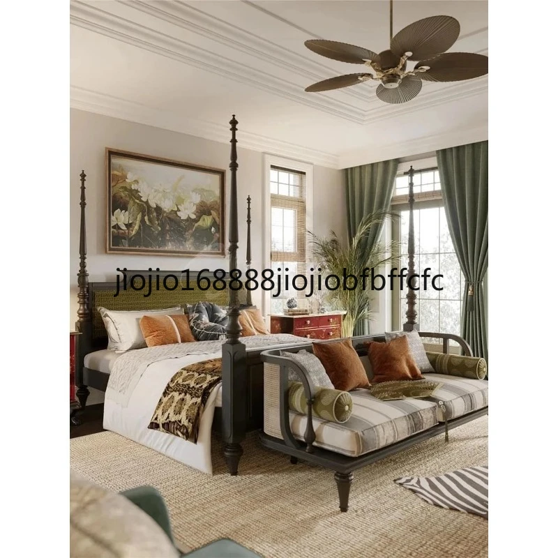 Suitable for  style retro solid wood bed soft bag bed French Roman column carved master bedroom double bed