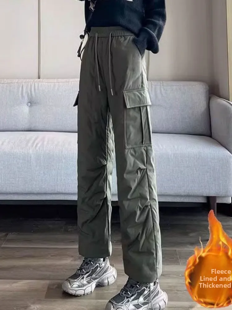 Thiened down Wide Leg Pants High Waist Straight Cut Winter Commute Sle Women's Faionable Warm Cotton Trousers